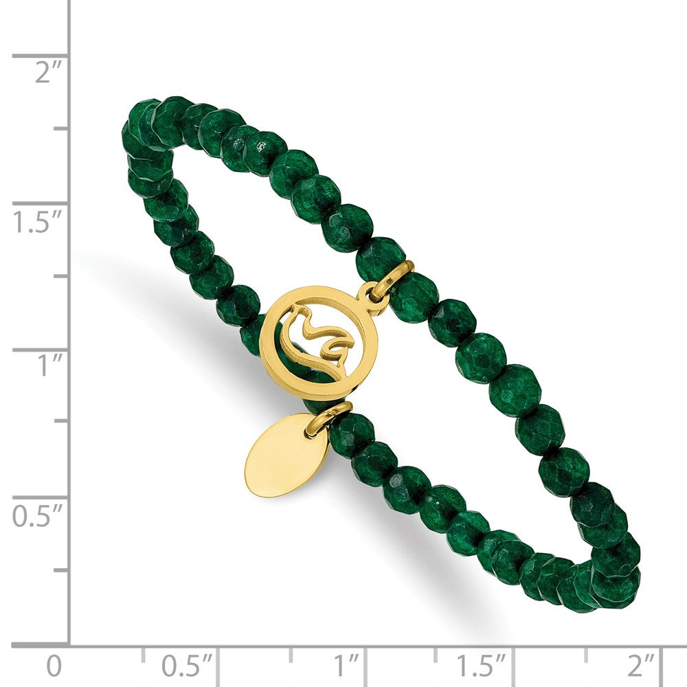 Chisel Stainless Steel Polished Yellow IP-plated Dove 4mm Green Jade Beaded Stretch Bracelet SRB2376