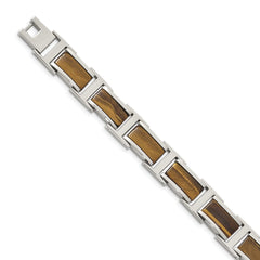 Chsiel Stainless Steel Polished with Tiger's Eye Inlay 8.5 inch Link Bracelet SRB2379-8.5