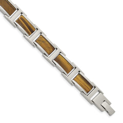 Chsiel Stainless Steel Polished with Tiger's Eye Inlay 8.5 inch Link Bracelet SRB2379-8.5