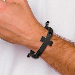 Chisel Stainless Steel Polished Black IP-plated Cross Black Nylon Adjustable Bracelet SRB2382