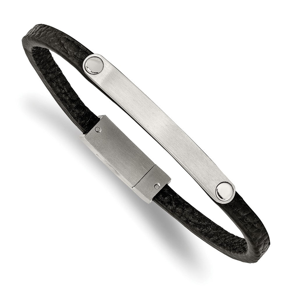 Chisel Stainless Steel Brushed Black Leather 8.25 inch ID Bracelet SRB2383-8.25