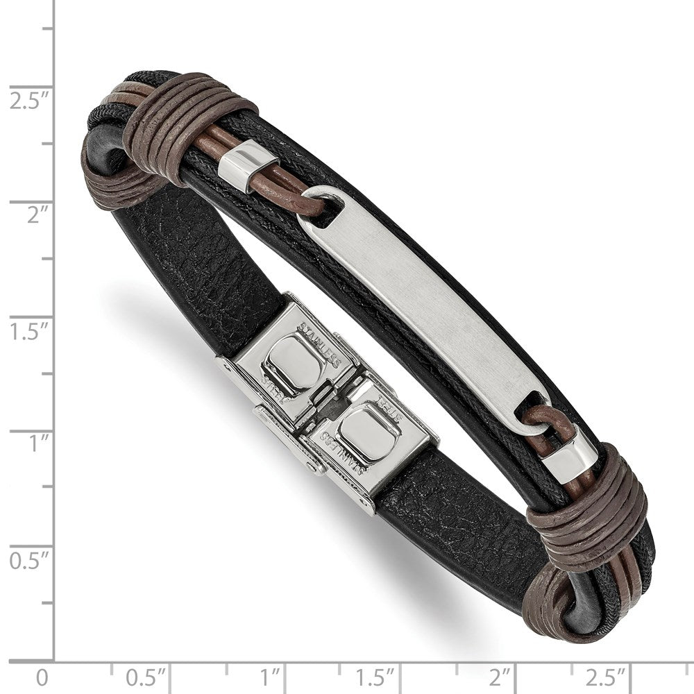 Chisel Stainless Steel Polished Black and Brown Leather 8.25 inch ID Bracelet SRB2385-8.25
