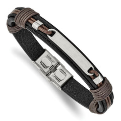 Chisel Stainless Steel Polished Black and Brown Leather 8.25 inch ID Bracelet SRB2385-8.25