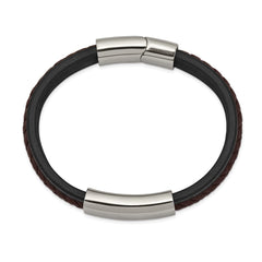 Chisel Stainless Steel Polished Black and Brown Braided Leather 8.25 inch ID Bracelet SRB2400-8.25