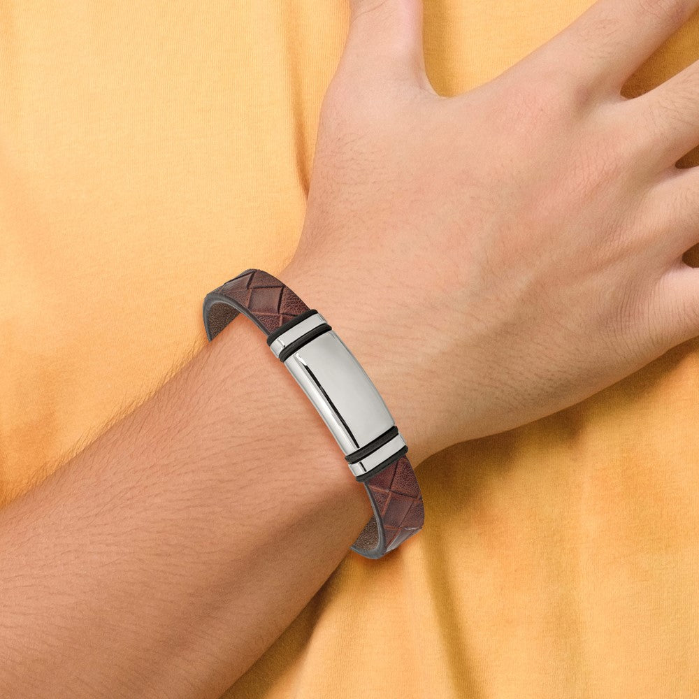 Chisel Stainless Steel Polished Brown Faux Leather with Black Rubber 8.25 inch ID Bracelet SRB2401-8.25