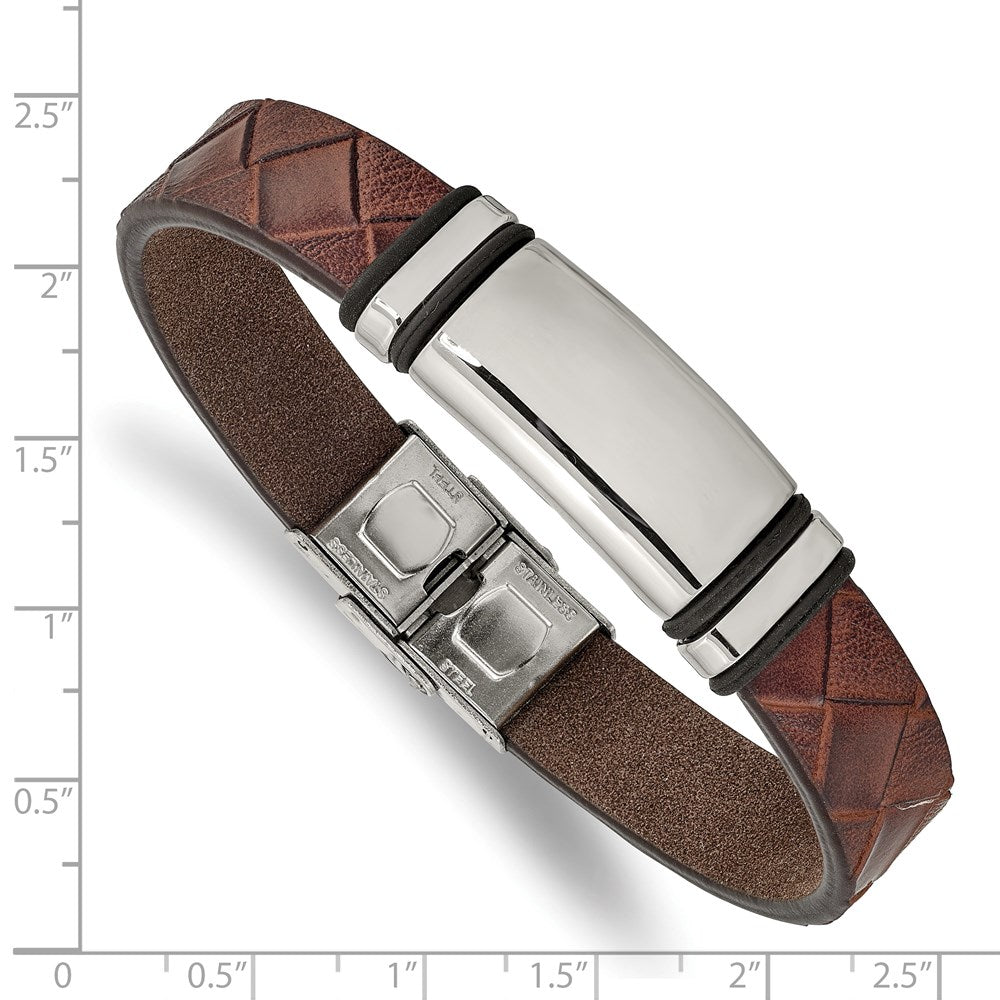 Chisel Stainless Steel Polished Brown Faux Leather with Black Rubber 8.25 inch ID Bracelet SRB2401-8.25