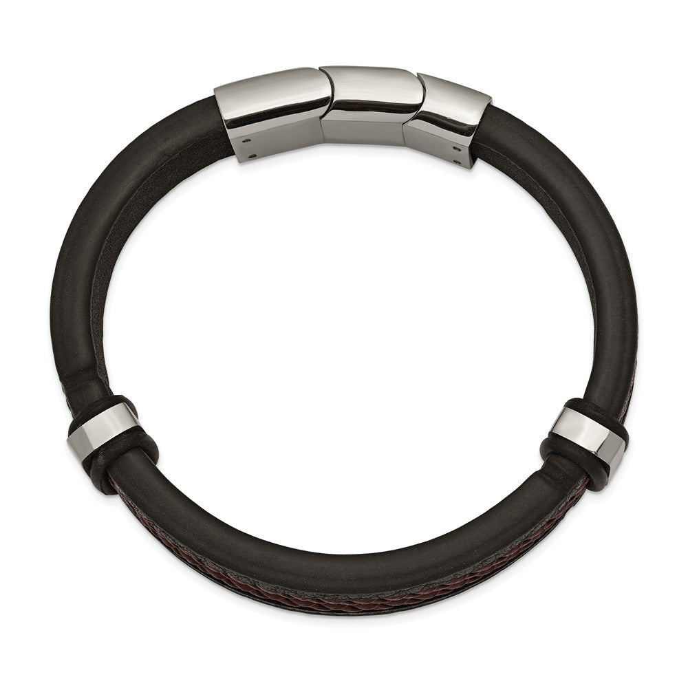 Chisel Stainless Steel Polished Black and Brown Braided Leather 8 inch Bracelet with .5 inch Extension SRB2411-8