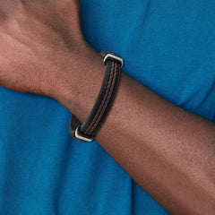 Chisel Stainless Steel Polished Black and Brown Braided Leather 8 inch Bracelet with .5 inch Extension SRB2411-8