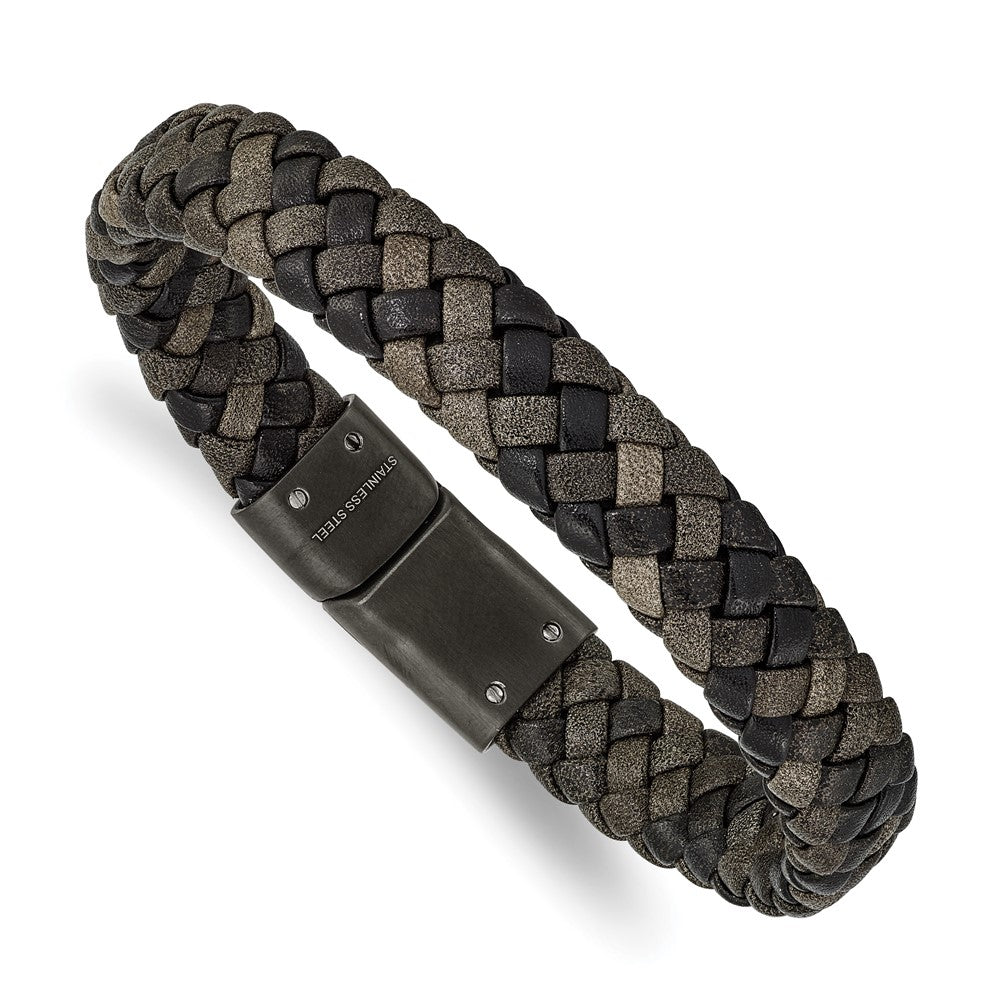 Chisel Stainless Steel Brushed Gun Metal IP-plated Brown Braided Leather 8.25 inch Bracelet SRB2417-8.25