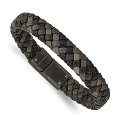 Chisel Stainless Steel Brushed Gun Metal IP-plated Brown Braided Leather 8.25 inch Bracelet SRB2417-8.25