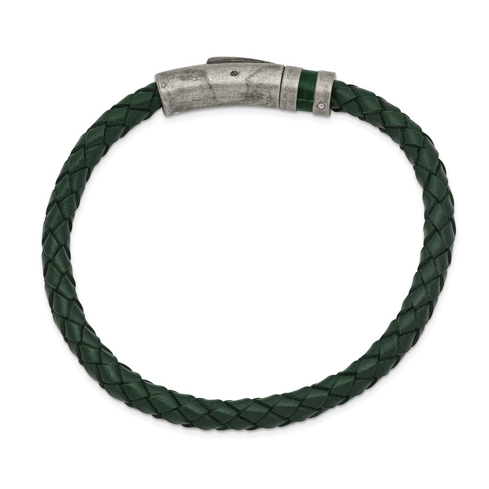 Chisel Stainless Steel Antiqued Green Braided Leather 8.25 inch Bracelet SRB2421-8.25