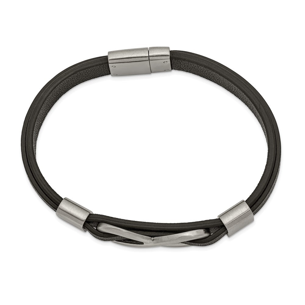Chisel Stainless Steel Brushed and Polished Infinity Symbol Black Leather 8 inch Bracelet SRB2454-8