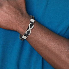 Chisel Stainless Steel Brushed and Polished Infinity Symbol Black Leather 8 inch Bracelet SRB2454-8