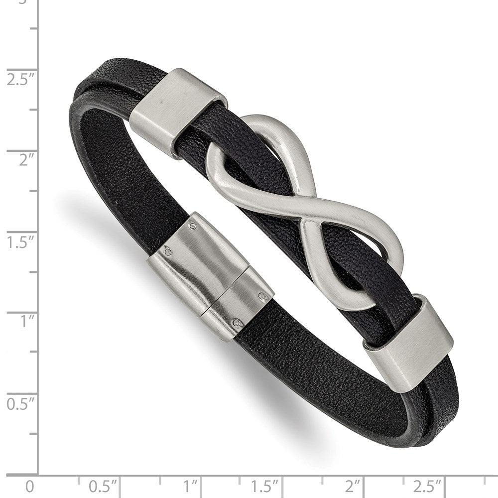 Chisel Stainless Steel Brushed and Polished Infinity Symbol Black Leather 8 inch Bracelet SRB2454-8
