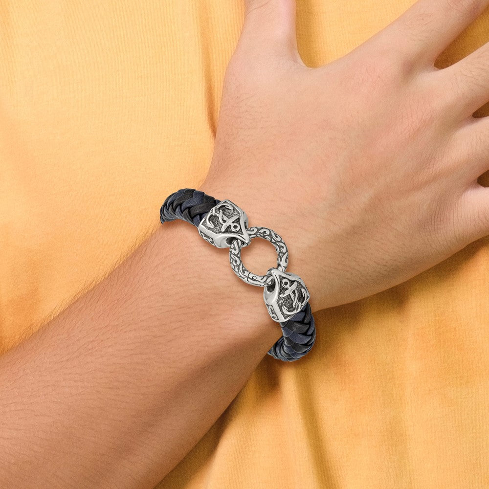 Chisel Stainless Steel Antiqued and Polished Black and Blue Braided Leather 8.25 inch Bracelet SRB2456-8.25