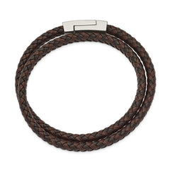 Chisel Stainless Steel Polished Black and Brown Braided Leather 15.75 inch Wrap Bracelet SRB2460