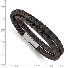 Chisel Stainless Steel Polished Black and Brown Braided Leather 15.75 inch Wrap Bracelet SRB2460