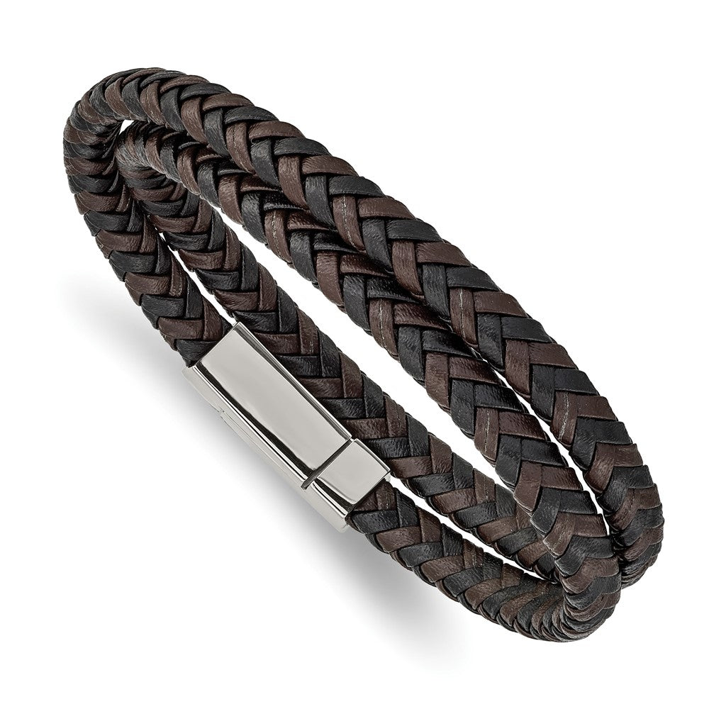 Chisel Stainless Steel Polished Black and Brown Braided Leather 15.75 inch Wrap Bracelet SRB2460