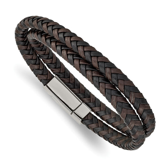 Chisel Stainless Steel Polished Black and Brown Braided Leather 15.75 inch Wrap Bracelet SRB2460