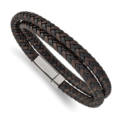 Chisel Stainless Steel Polished Black and Brown Braided Leather 15.75 inch Wrap Bracelet SRB2460