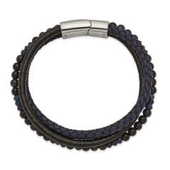 Chisel Stainless Steel Polished Multi Strand Blue Chalcedony and Tiger's Eye Beaded Black and Blue Leather 8.25 inch Bracelet SRB2462-8.25