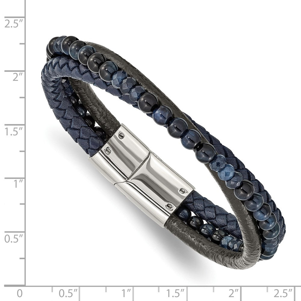 Chisel Stainless Steel Polished Multi Strand Blue Chalcedony and Tiger's Eye Beaded Black and Blue Leather 8.25 inch Bracelet SRB2462-8.25