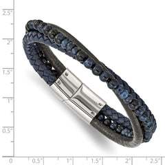 Chisel Stainless Steel Polished Multi Strand Blue Chalcedony and Tiger's Eye Beaded Black and Blue Leather 8.25 inch Bracelet SRB2462-8.25