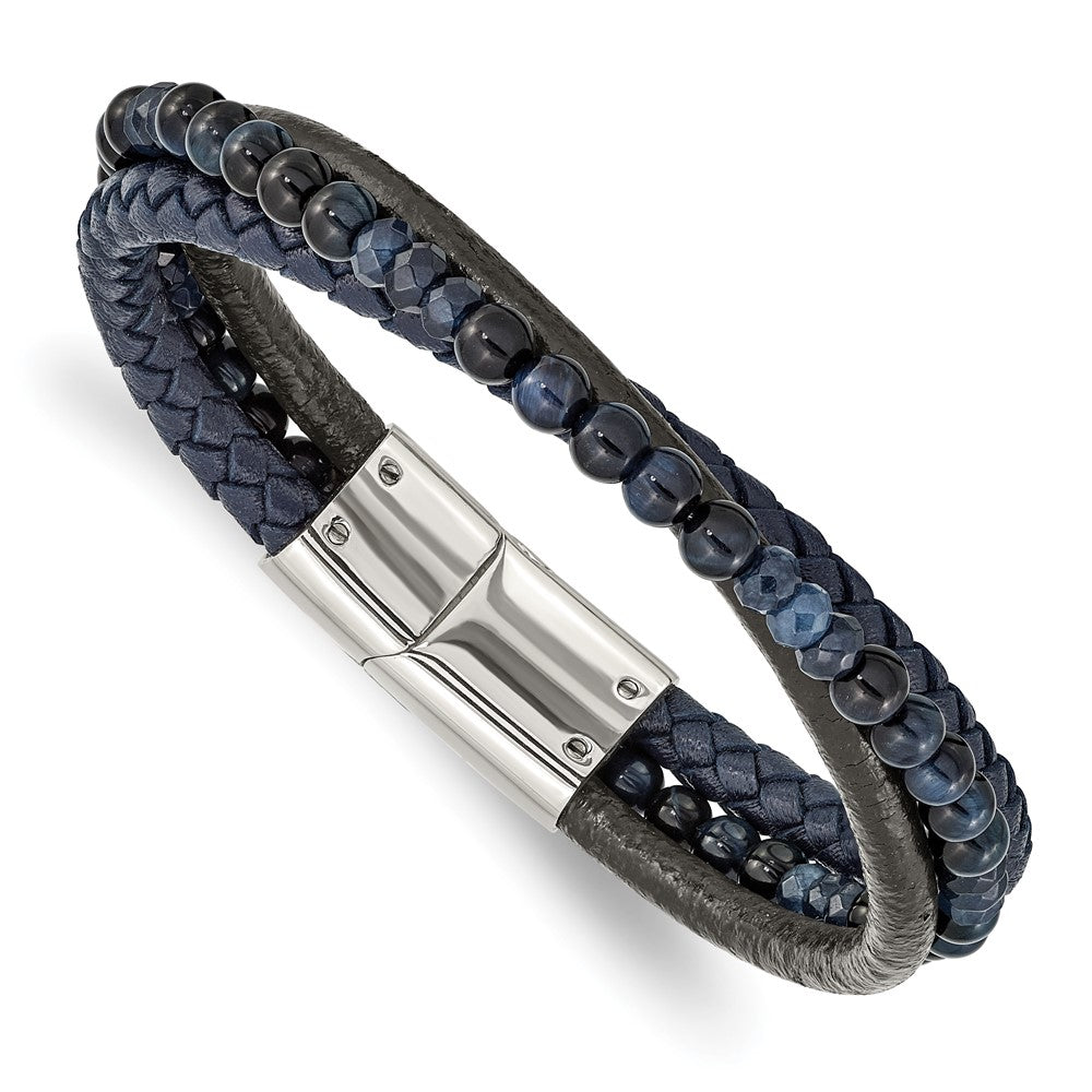 Chisel Stainless Steel Polished Multi Strand Blue Chalcedony and Tiger's Eye Beaded Black and Blue Leather 8.25 inch Bracelet SRB2462-8.25