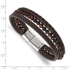 Chisel Stainless Steel Polished Multi Strand Tiger's Eye Beaded Brown Leather 8.25 inch Bracelet SRB2463-8.25