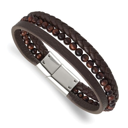 Chisel Stainless Steel Polished Multi Strand Tiger's Eye Beaded Brown Leather 8.25 inch Bracelet SRB2463-8.25
