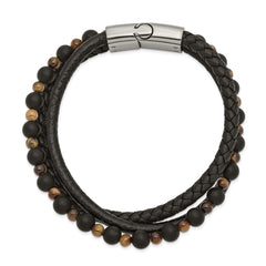 Chisel Stainless Steel Polished Multi Strand Tiger's Eye and Black Agate Beaded Black Leather 8.25 inch Bracelet SRB2464-8.25
