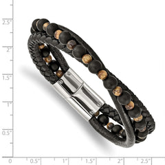 Chisel Stainless Steel Polished Multi Strand Tiger's Eye and Black Agate Beaded Black Leather 8.25 inch Bracelet SRB2464-8.25