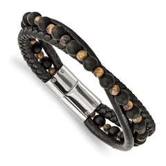 Chisel Stainless Steel Polished Multi Strand Tiger's Eye and Black Agate Beaded Black Leather 8.25 inch Bracelet SRB2464-8.25