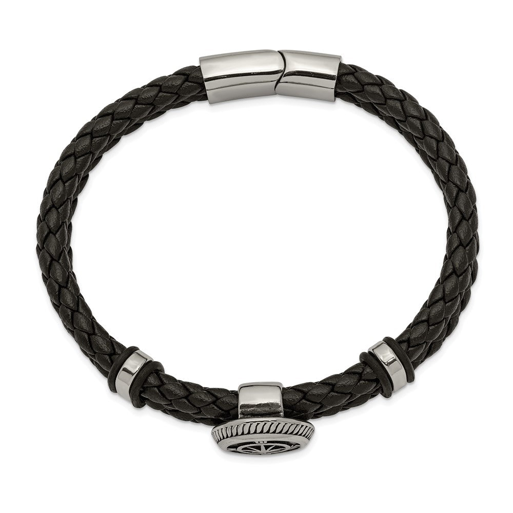Chisel Stainless Steel Antiqued and Polished Compass Braided Black Leather 8 inch Bracelet SRB2473-8