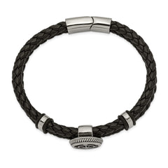 Chisel Stainless Steel Antiqued and Polished Compass Braided Black Leather 8 inch Bracelet SRB2473-8