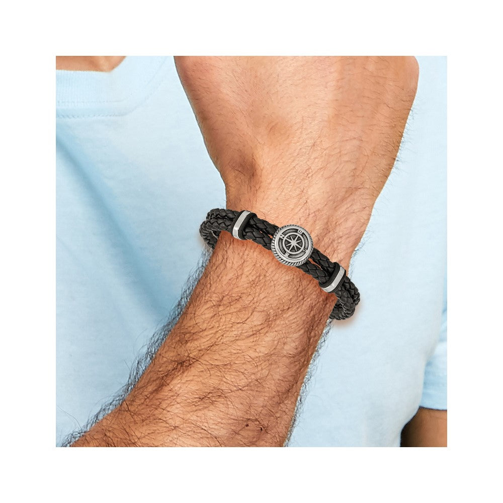 Chisel Stainless Steel Antiqued and Polished Compass Braided Black Leather 8 inch Bracelet SRB2473-8
