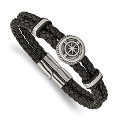 Chisel Stainless Steel Antiqued and Polished Compass Braided Black Leather 8 inch Bracelet SRB2473-8