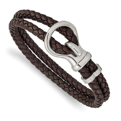 Chisel Stainless Steel Polished Brown Braided Leather 8 inch Bracelet SRB2476-8