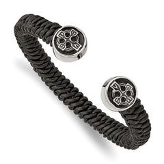 Chisel Stainless Steel Antiqued and Polished Black Leather Celtic Cross Cuff Bangle SRB2481