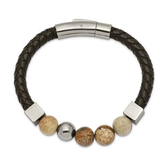 Chisel Stainless Steel Polished with Brown Jasper Beads Black Leather 8 inch Bracelet SRB2485-8