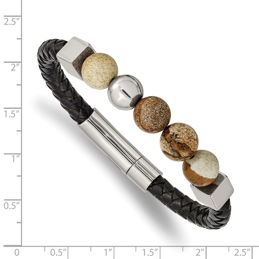 Chisel Stainless Steel Polished with Brown Jasper Beads Black Leather 8 inch Bracelet SRB2485-8