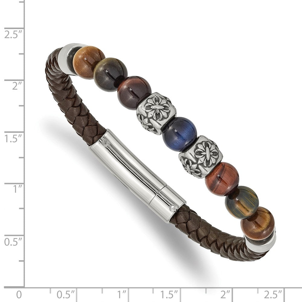 Chisel Stainless Steel Antiqued and Polished MultiColor Tiger's Eye Beads Brown Leather 8.5 inch Bracelet SRB2488-8.5