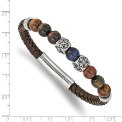 Chisel Stainless Steel Antiqued and Polished MultiColor Tiger's Eye Beads Brown Leather 8.5 inch Bracelet SRB2488-8.5