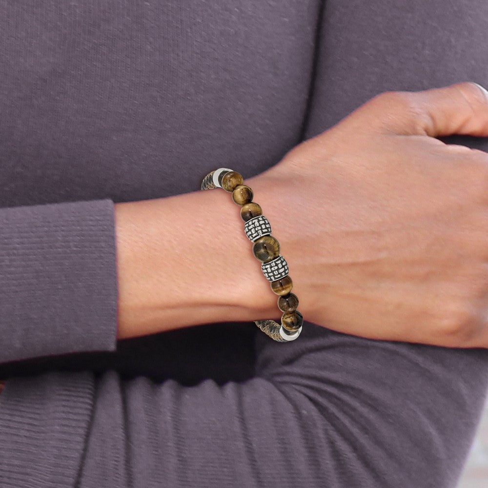 Chisel Stainless Steel Antiqued and Polished Tiger's Eye Beads Brown Leather 8.5 inch Bracelet SRB2489-8.5