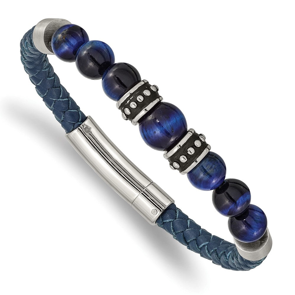 Chisel Stainless Steel Antiqued and Polished Blue Tiger's Eye Beads Blue Leather 8.25 inch Bracelet SRB2490-8.25