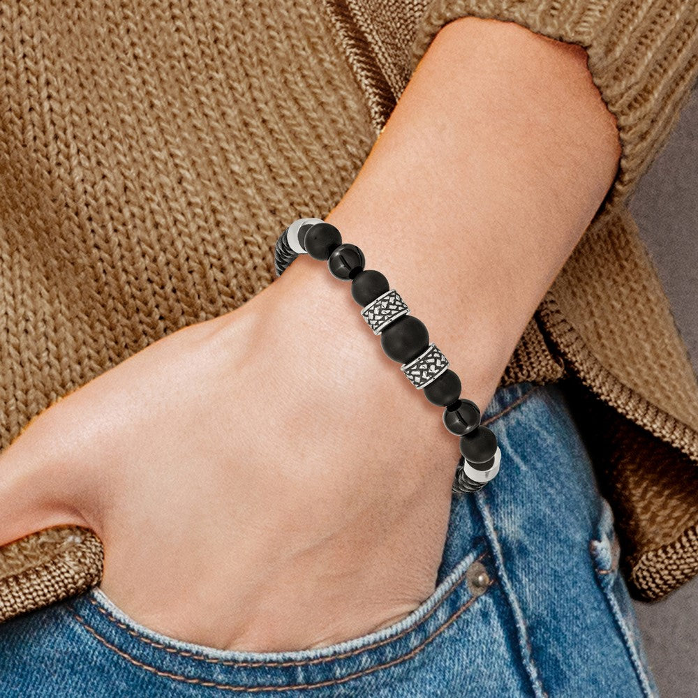 Chisel Stainless Steel Antiqued and Polished Black Agate Beads Black Leather 8.25 inch Bracelet SRB2492-8.25