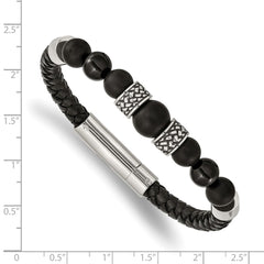 Chisel Stainless Steel Antiqued and Polished Black Agate Beads Black Leather 8.25 inch Bracelet SRB2492-8.25