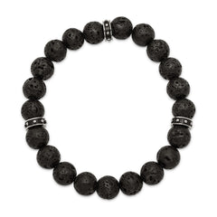 Chisel Stainless Steel Polished Black Enamel 10.5mm Lava Stone Beaded Stretch Bracelet SRB2497