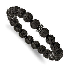 Chisel Stainless Steel Polished Black Enamel 10.5mm Lava Stone Beaded Stretch Bracelet SRB2497