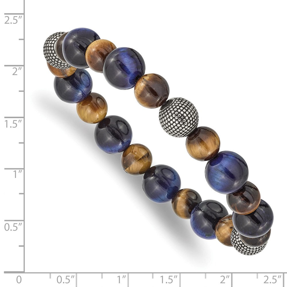 Chisel Stainless Steel Antiqued and Polished 8-10mm Brown and Blue Tiger's Eye Beaded Stretch Bracelet SRB2502